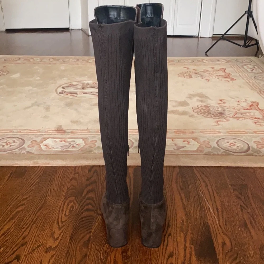 Kenneth Cole Elouise Brown Suede & Rib Knit Over The Knee High Boots